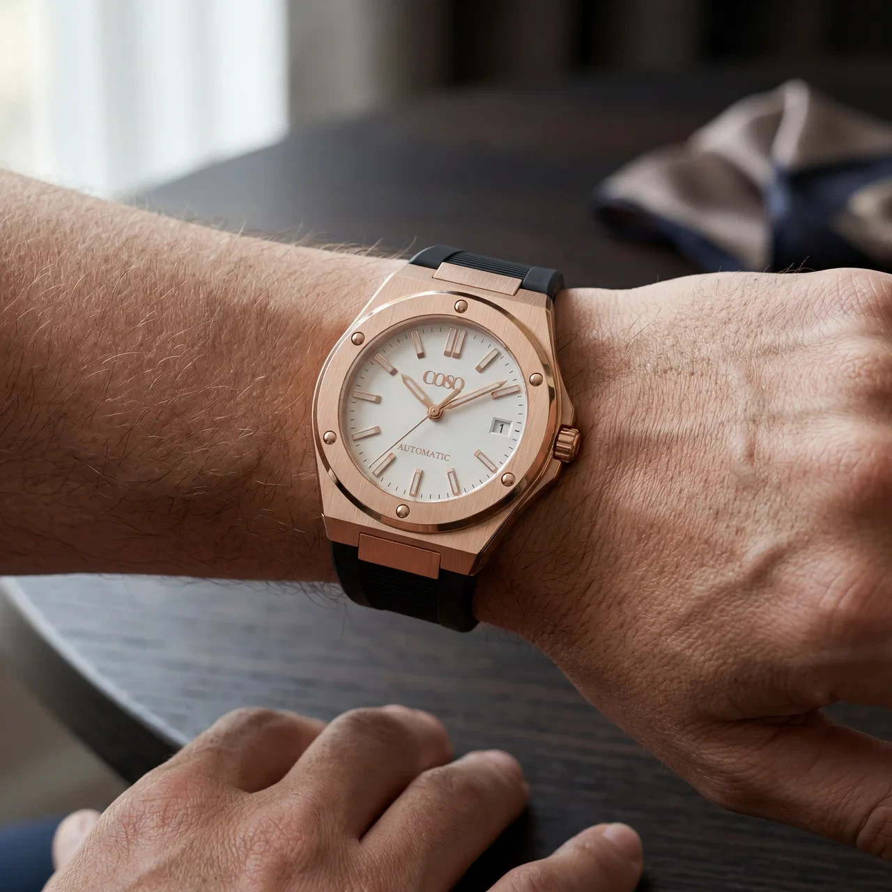 COSO Valtor Automatic Cream Dial Rose Gold Black Rubber Strap