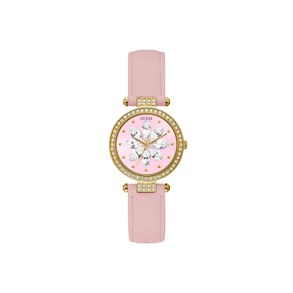 GUESS Women’s Full Bloom Quartz Gold-Tone Pink Leather 32mm Watch