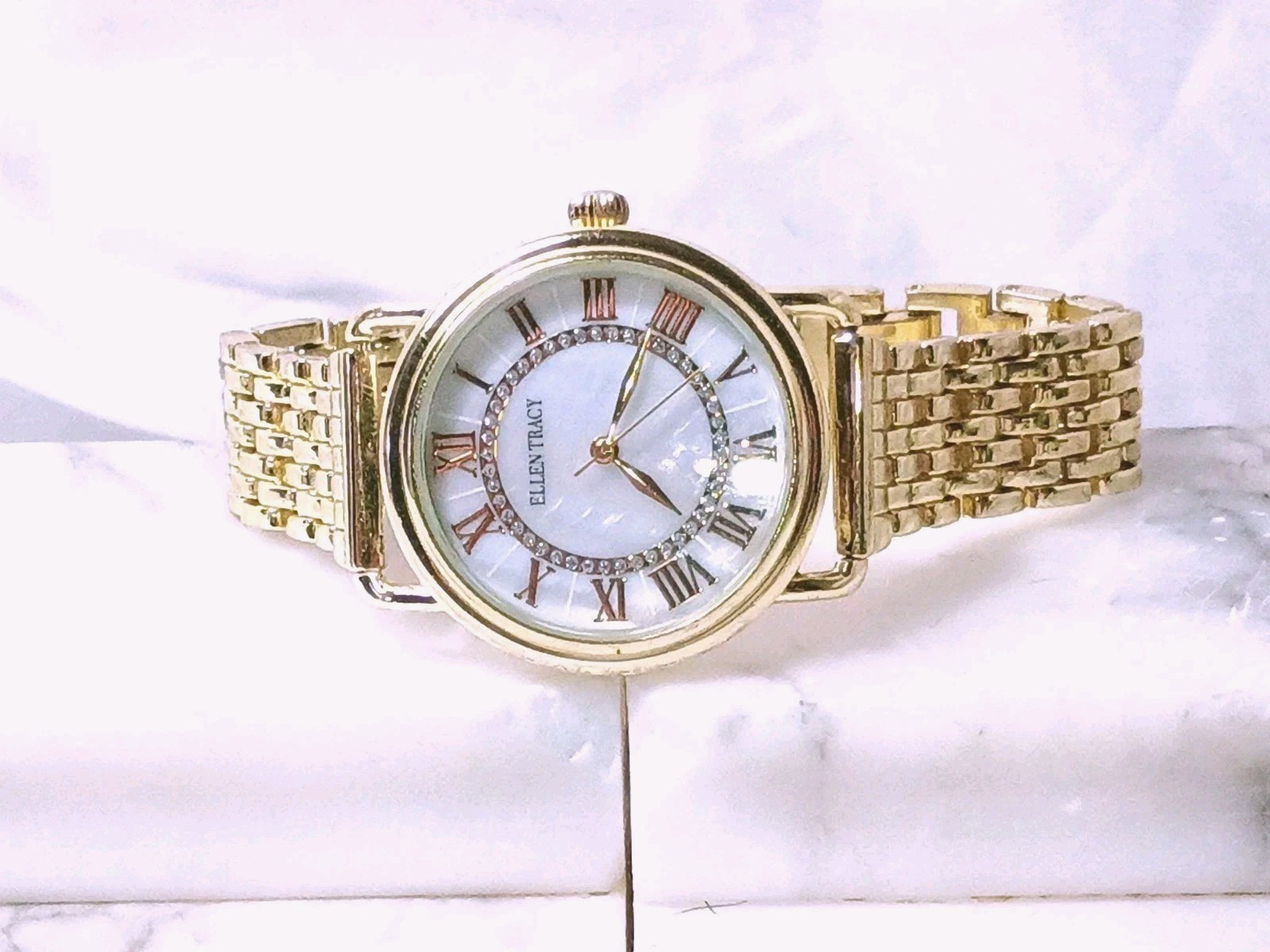 Ellen Tracy Watch Gold Tone Crystal Accent Jewelry Clasp Mother Pearl Dial Works