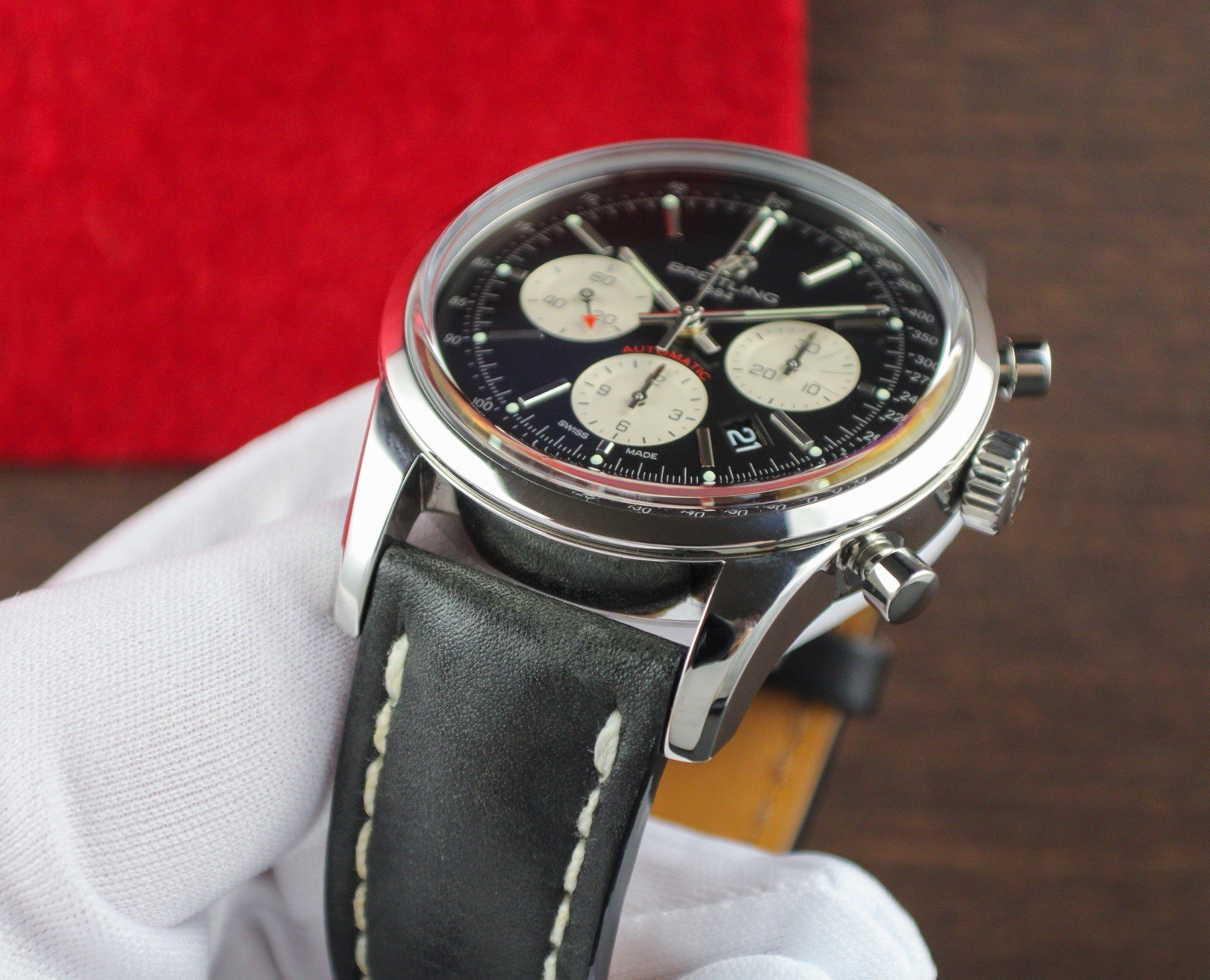 Breitling Transocean AB0152 Stainless Steel Chronograph Box 43mm Black White Red