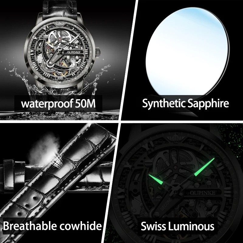 Automatic Mechanical Watch Men’s Waterproof Luxury Men Leather Strap