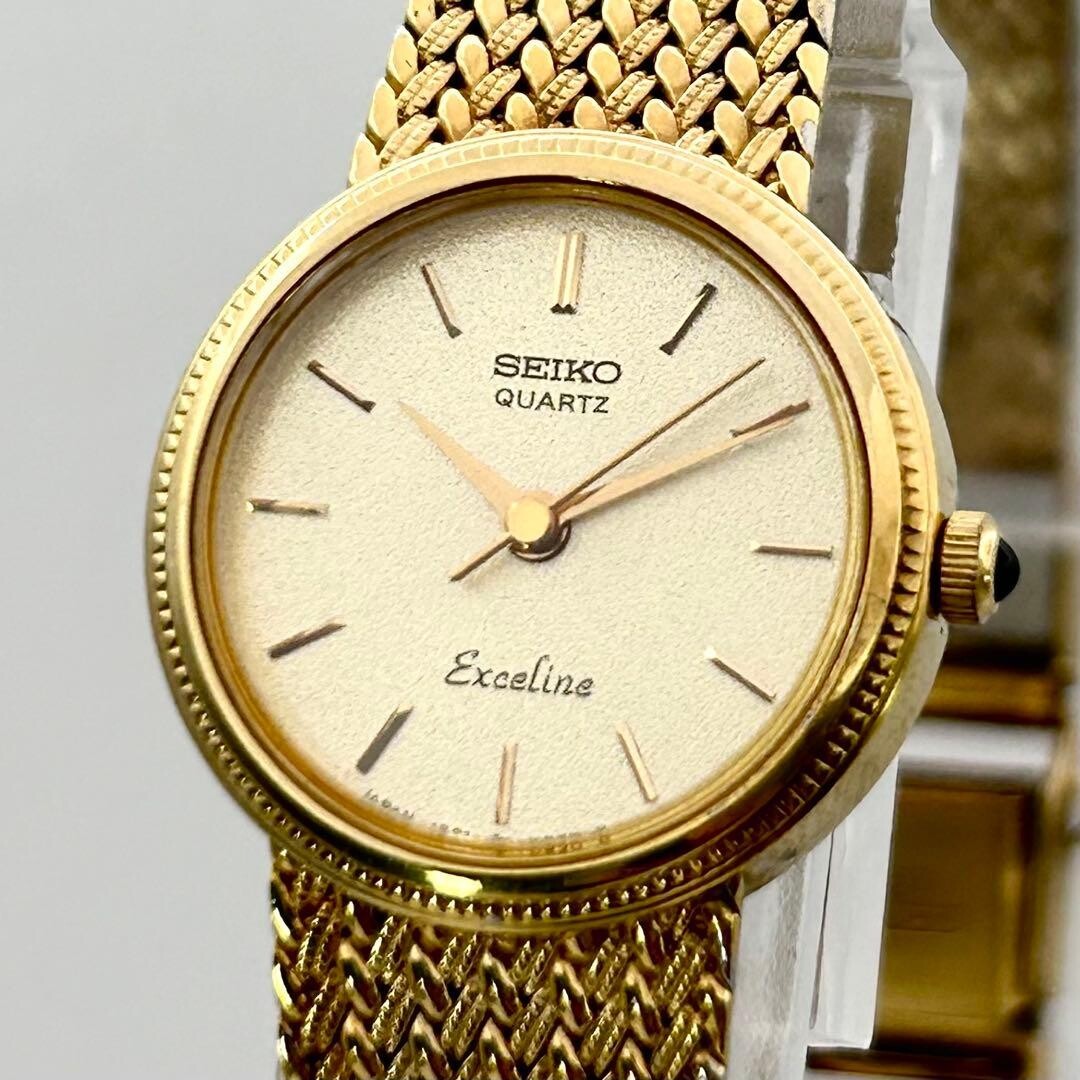 SEIKO Exceline 1221-0100 Vintage Ladies Quartz Gold Mesh Bracelet Watch Japan