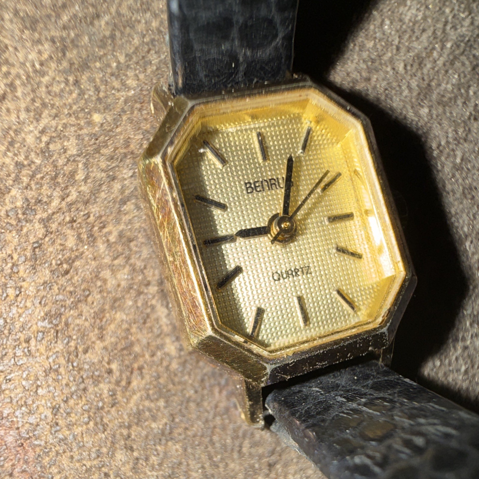 Benrus Women’s Quartz Analog Octagon Gold Tone Watch Gold Dial Black Leather
