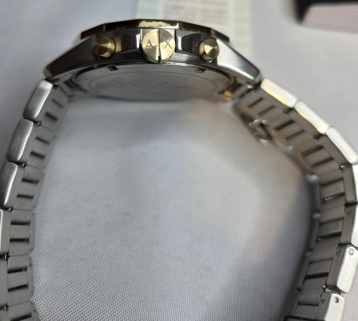 Armani Exchange Two-Tone IP Chronograph Watch with Black Dial and Chain Bracelet