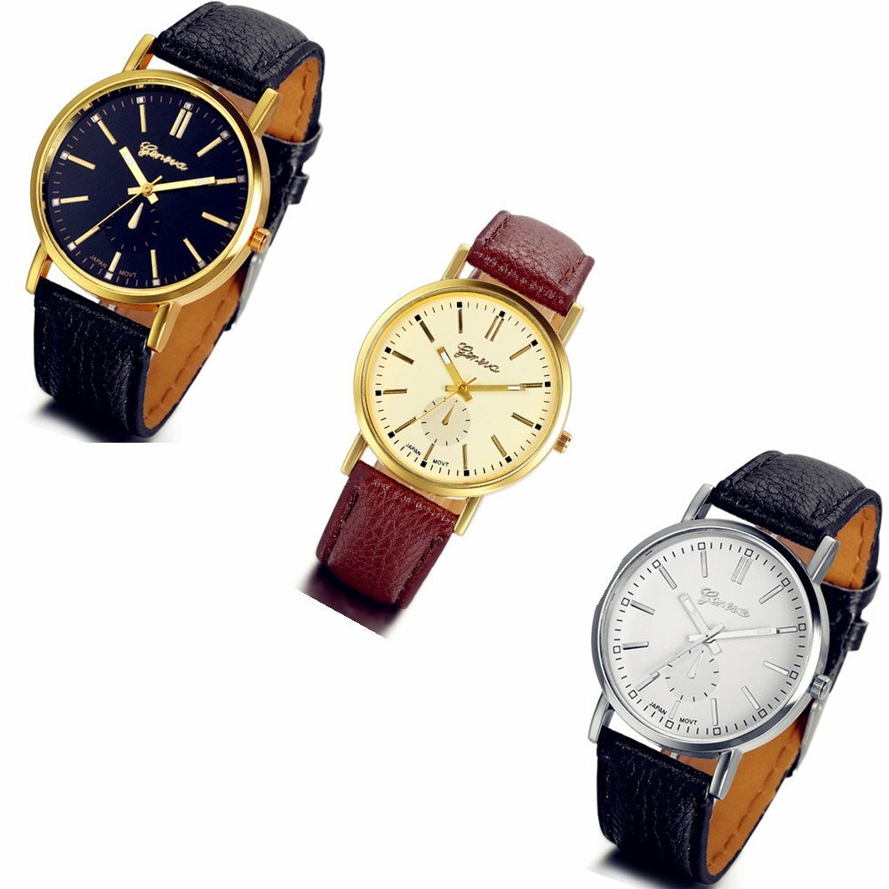 Classic Round Dial PU Leather Band Quartz Analog Wrist Watch Mens Womens Watch