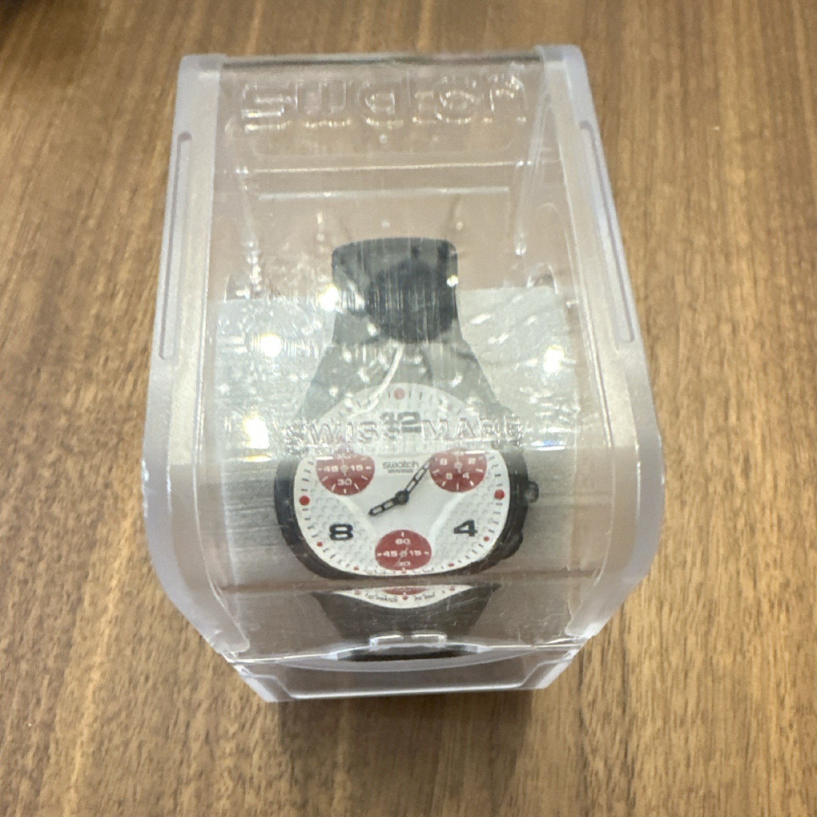 Swatch Dotty Dots Chronograph Quartz Analog Black Rubber Strap White Red