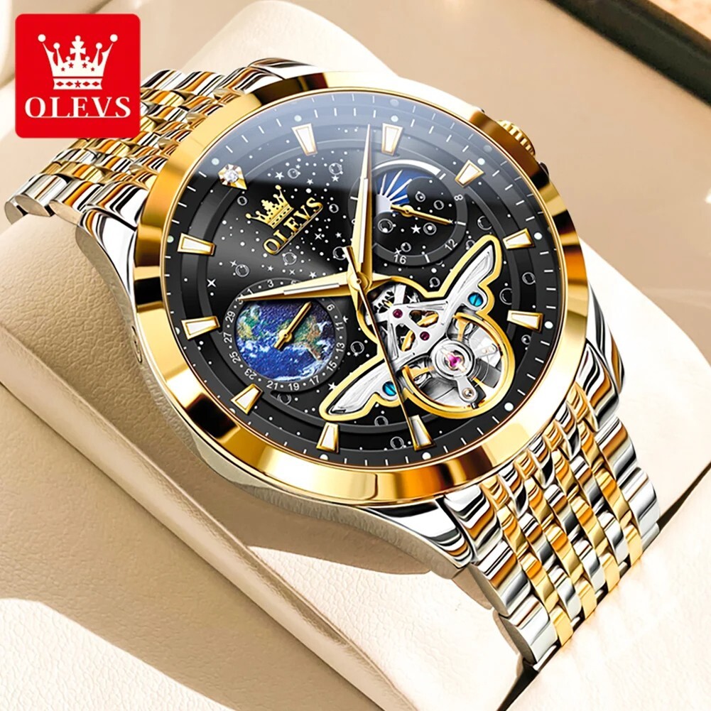 Automatic Mechanical Waterproof OLEVS Luxury Watch Men Moon Phase Mens Strap
