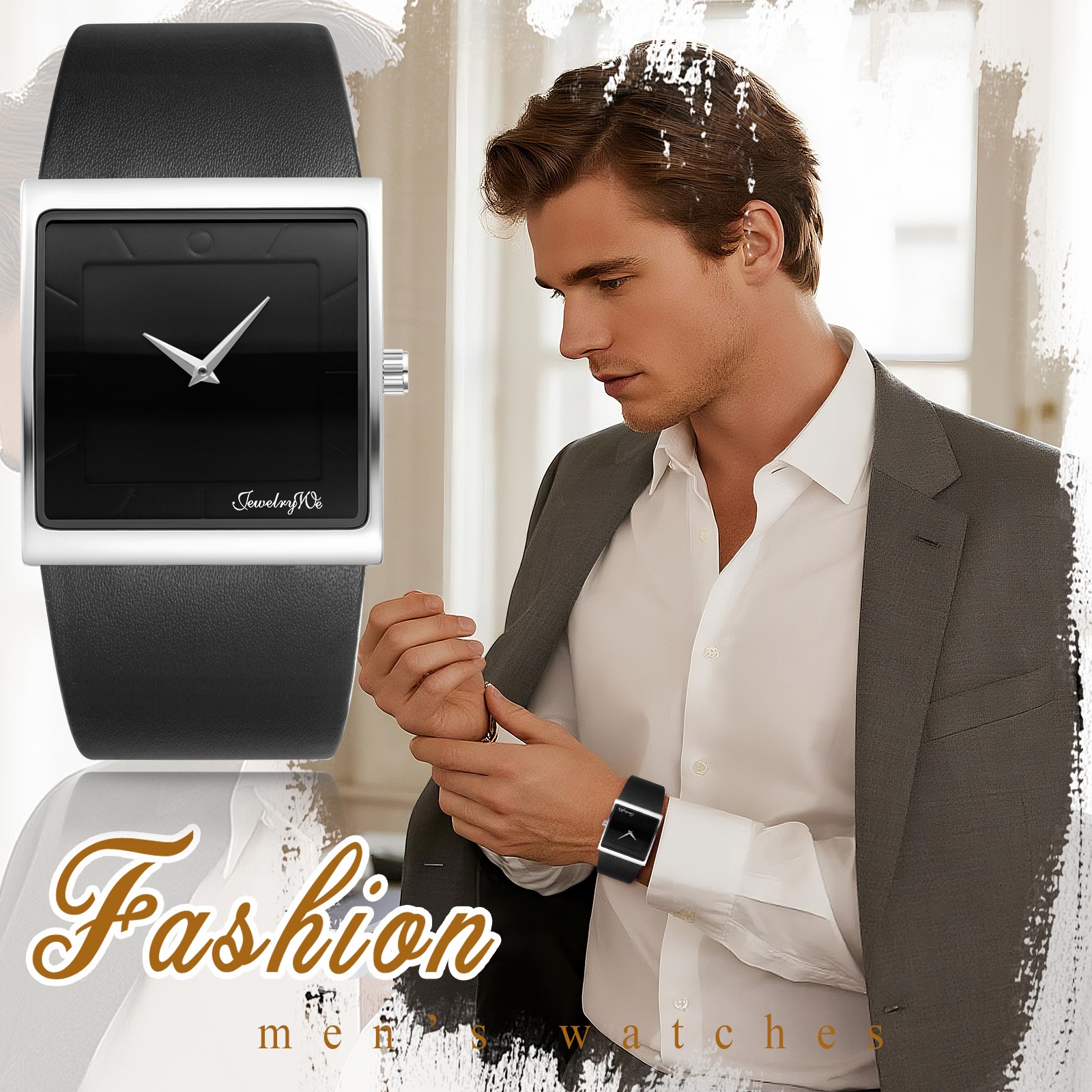 Leather Strap Square Analog Quartz Watch Japanese Movement Business Casual 3ATM