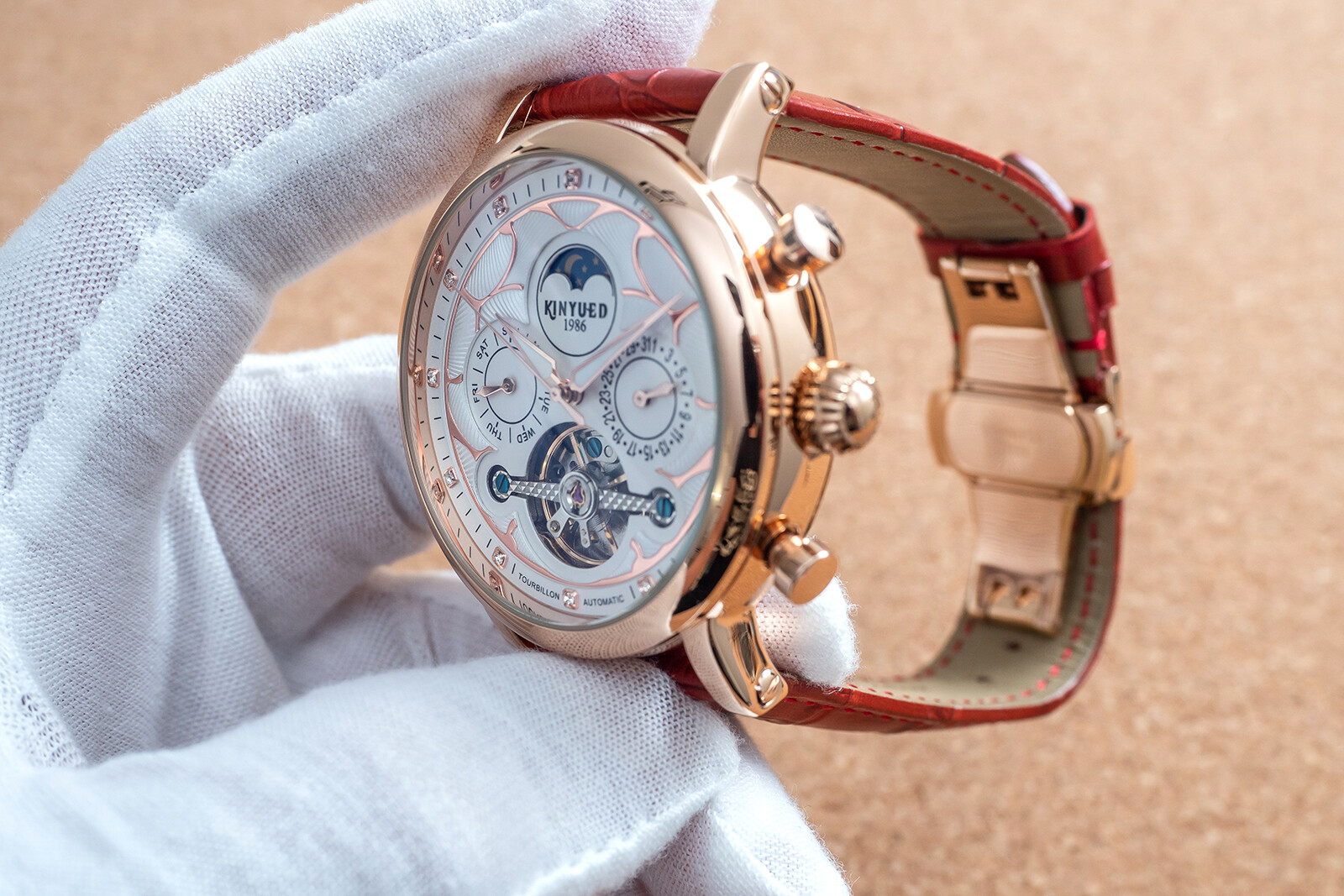 Mens Automatic Mechanical Watch Date Day Rose Gold White Red Leather Strap