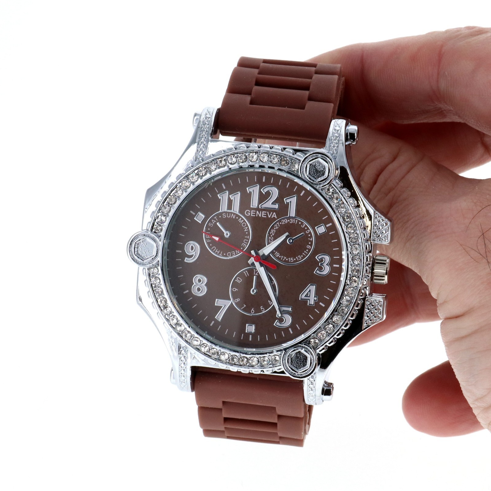 Heavy Men’s Iced Luxury Bezel Hip Hop Silver Tone Bezel Brown Silicone Band 54mm