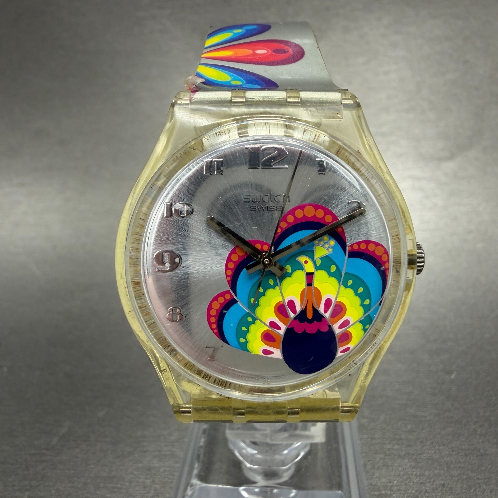 Swatch Magical Parade Watch Men 34mm Silver Dial Clear Case GE161 New Battery