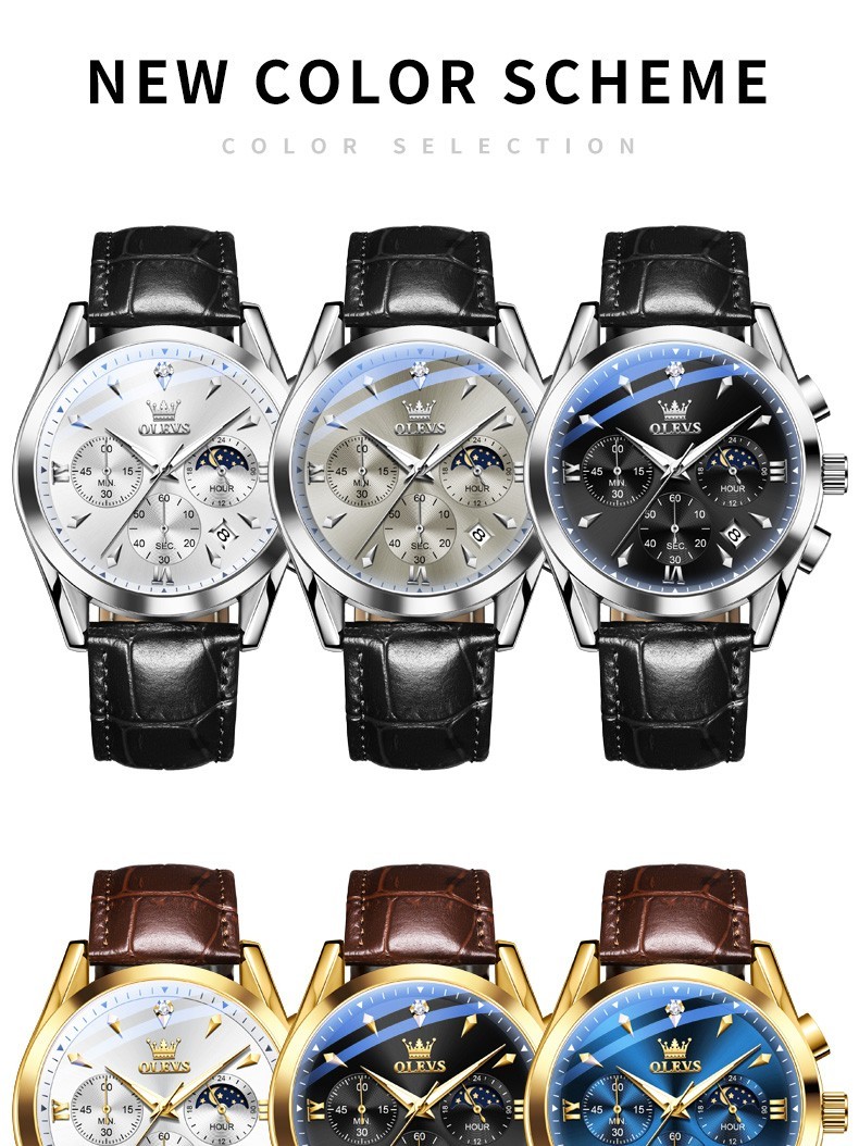 OLEVS 3609 Luminous Night Light Three Dial Japan Movement Leather Quartz Watch