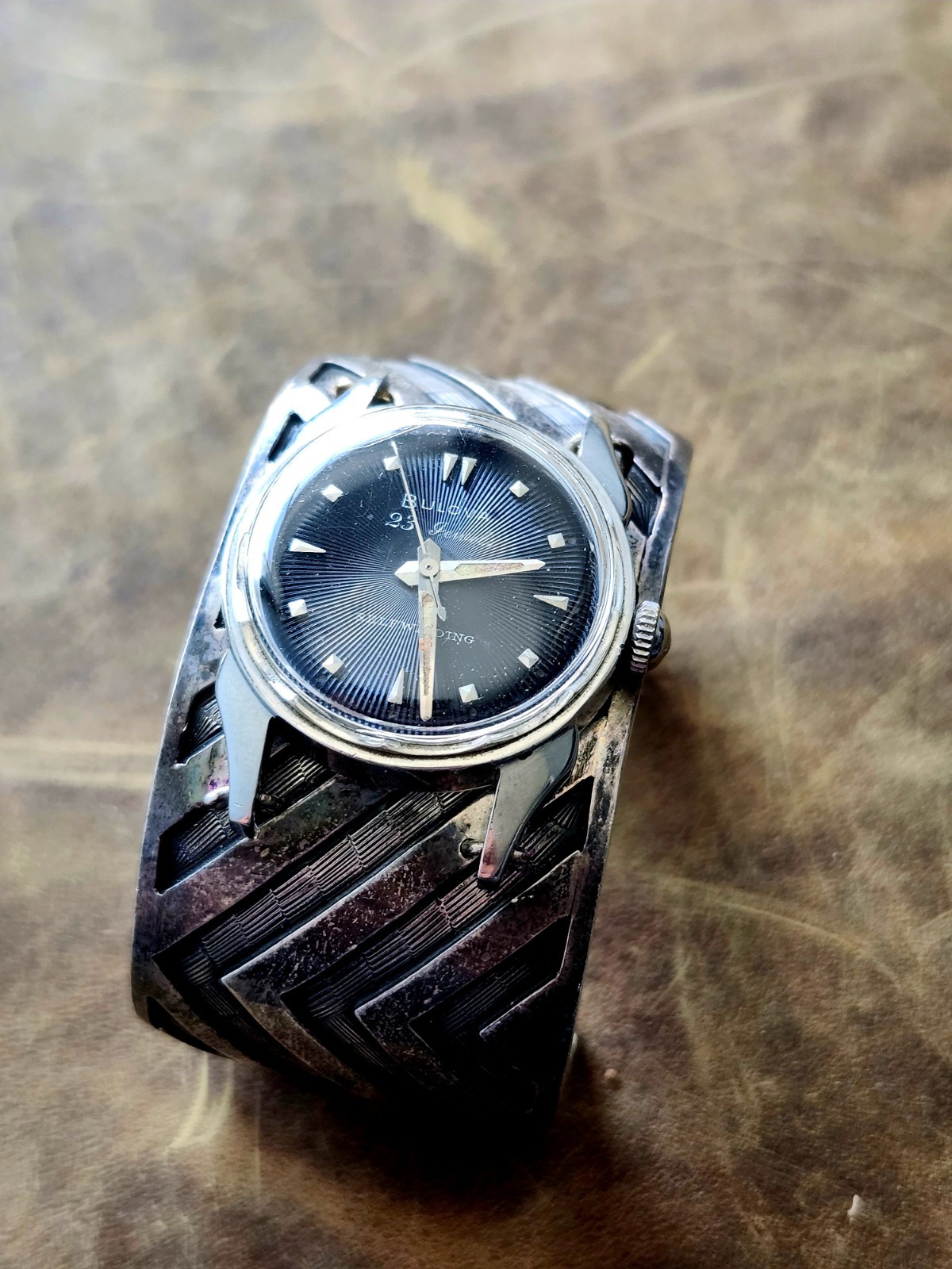 Heavy Sterling Cuff Bulova 23 “A” Automatic Watch- Sunburst Dial
