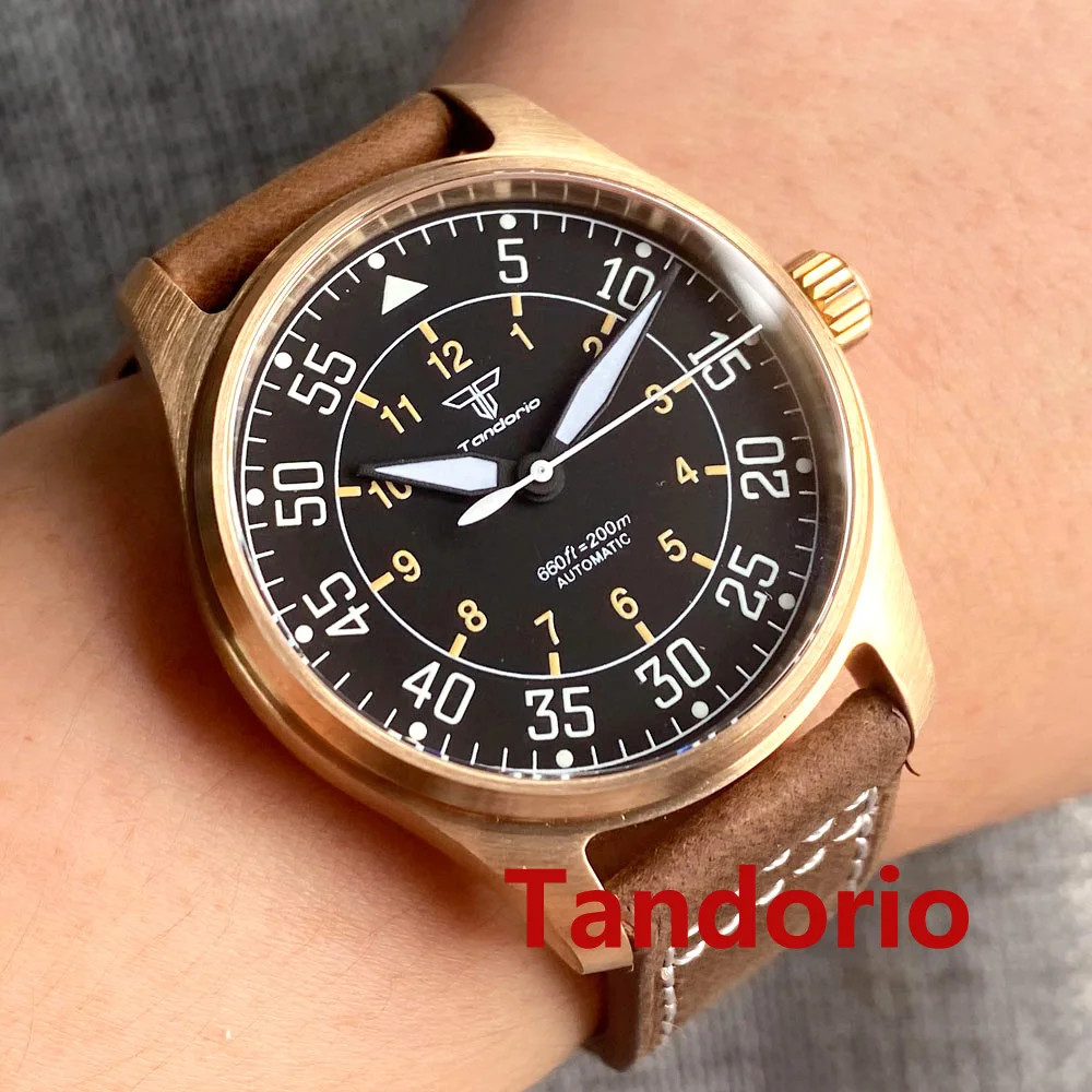 39mm Tandorio Solid Cusn8 Bronze Japan NH35 Automatic Diver Pilot Watch 20ATM
