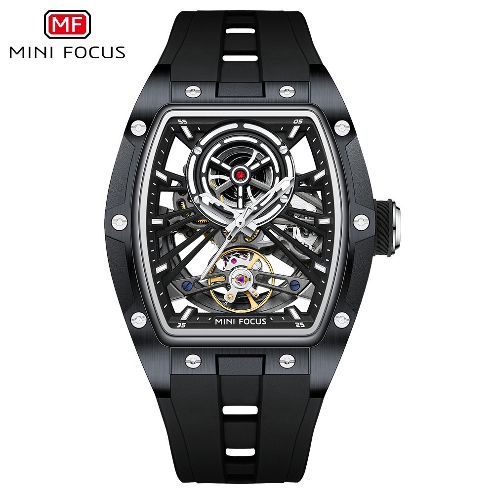 MINI FOCUS Men’s Tonneau Skeleton Flywheel Silicone Automatic Mechanical Watch