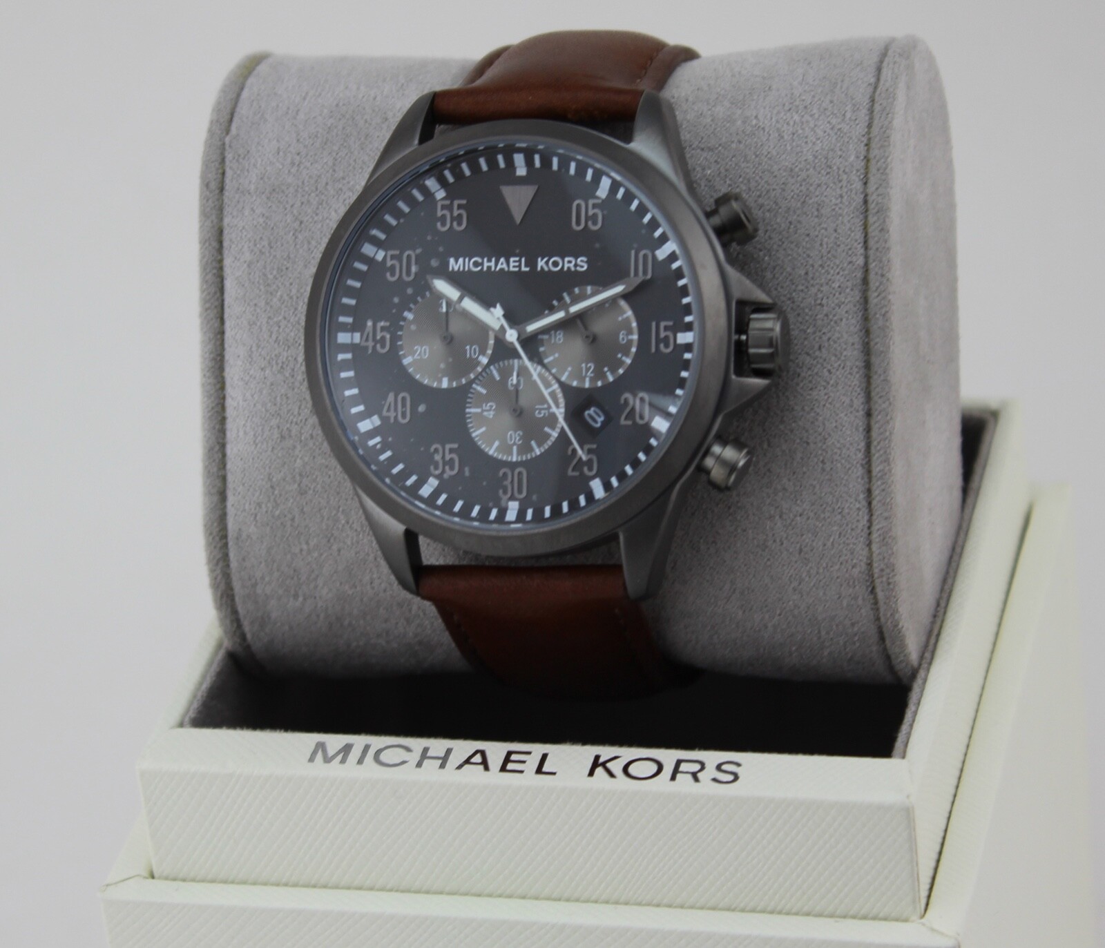NEW AUTHENTIC MICHAEL KORS GAGE GREY BROWN LEATHER CHRONOGRAPH MENS MK8536 WATCH