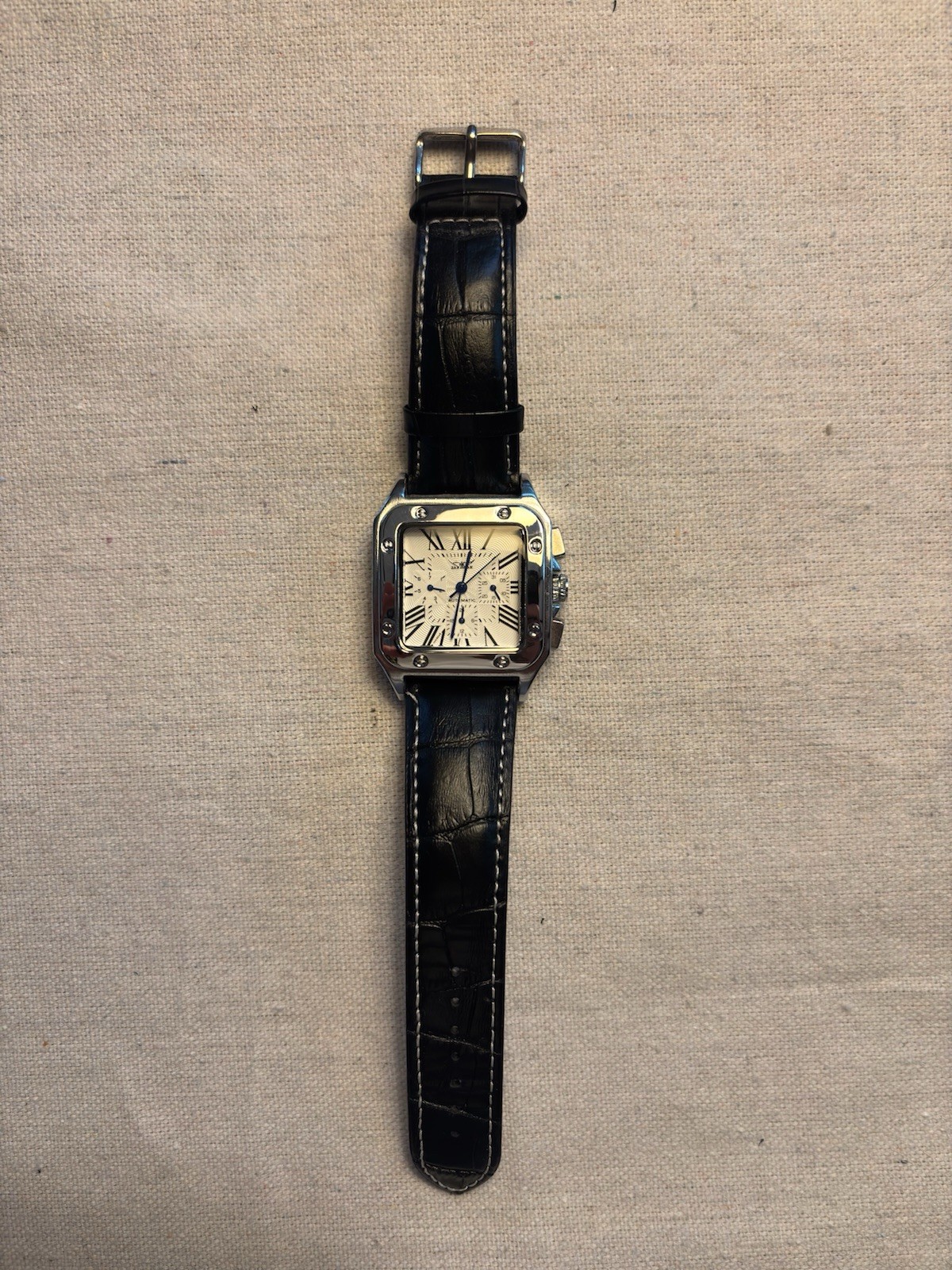 JARAGAR Automatic Square Watch White Roman Dial Black Leather Strap