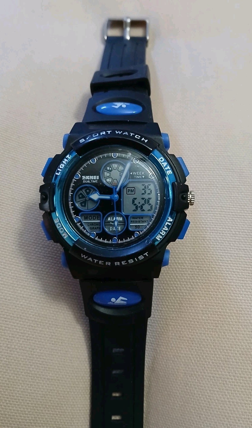SKMEI Sport Watch Black Blue Dual Time Alarm Chronograph 5ATM Unisex Swimming