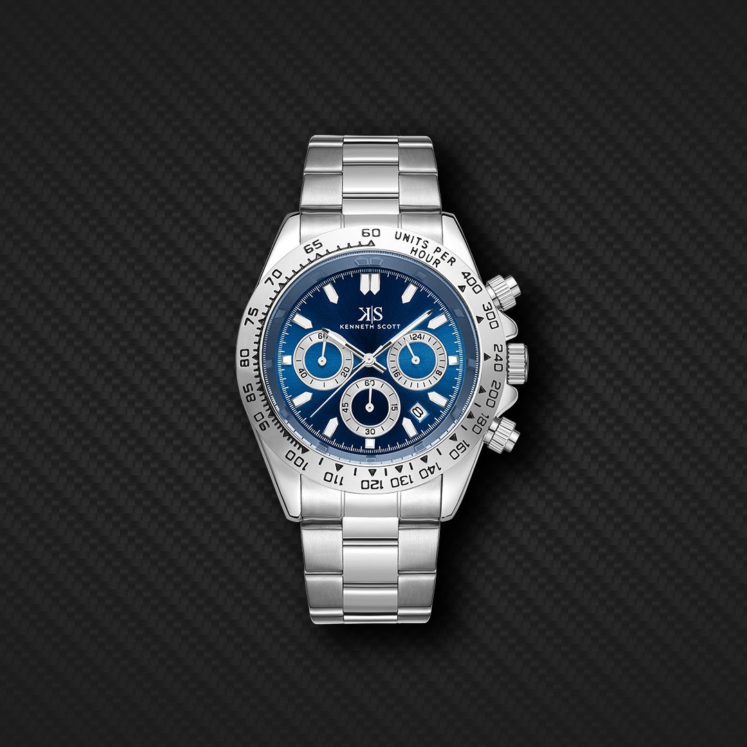 Kenneth Scott Men’s Multi Function Watch | Blue Dial, Silver Case & Strap