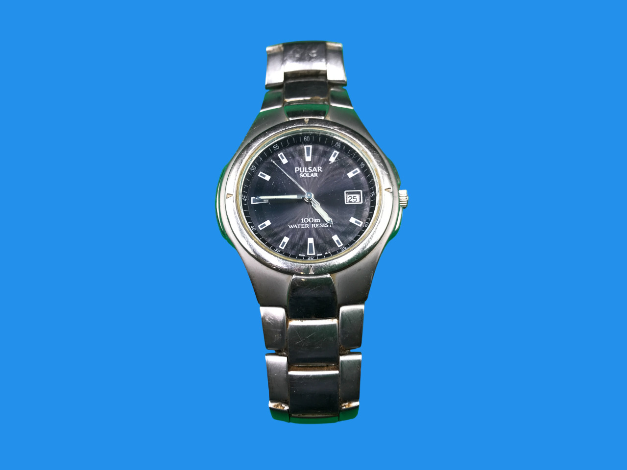 Pulsar V145-X001 Vintage Solar Powered Quartz Watch Stainless Steel Mens Used
