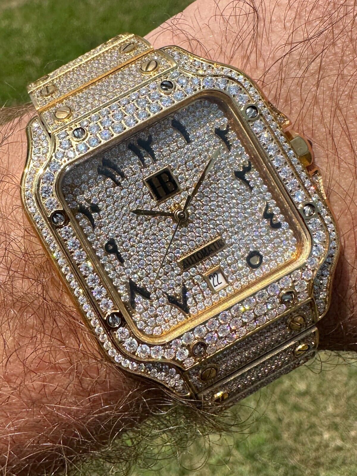 Real Hip Hop Watch Fully Iced Mens Automatic Movement Gold Stainless Arabic