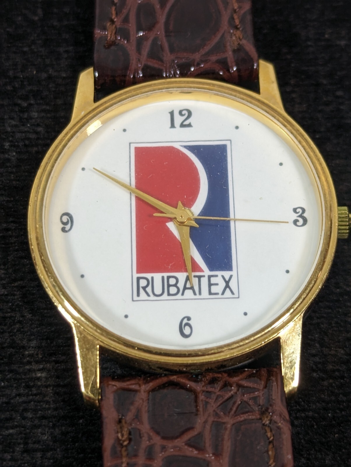Rubatex Red White Blue Dial Gold Tone Case Brown Leather Band Watch 8 Inch