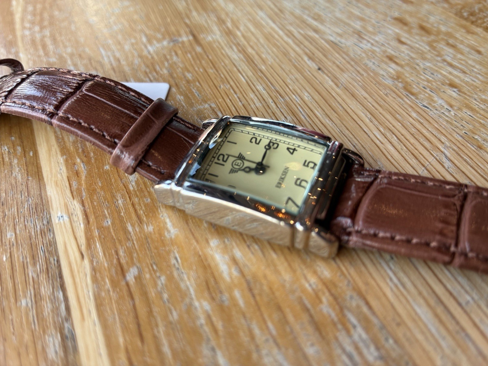 Eriksen Vintage Retro Rectangular Watch Silver Cream Dial Brown Leather