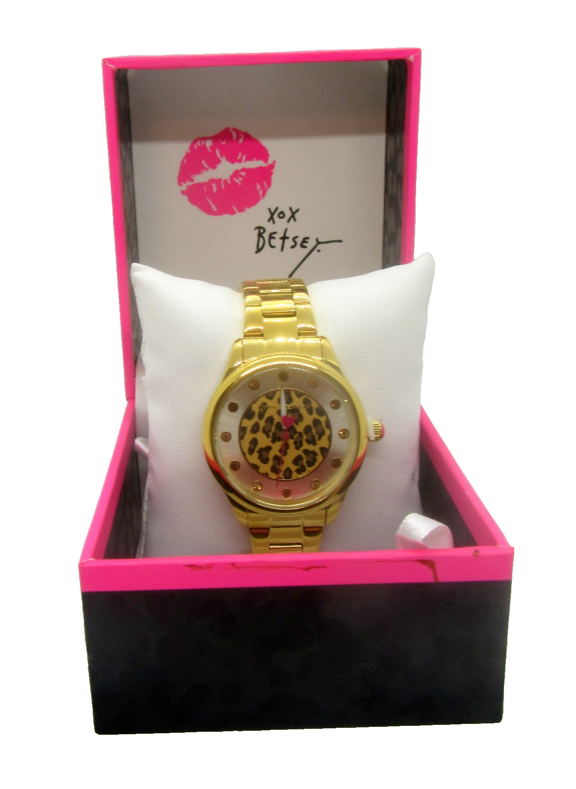 Betsey Johnson Leopard Print Gold Glitter Band Watch with Pink Accents