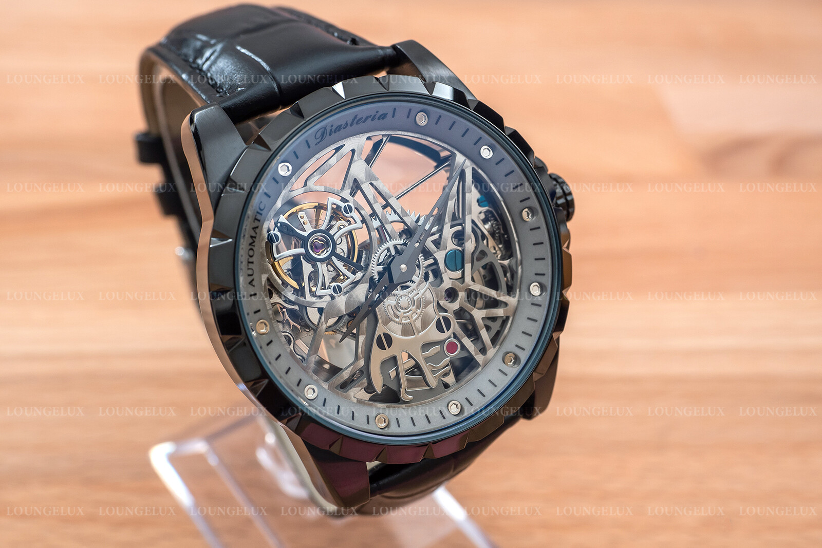 Mens Skeleton Automatic Mechanical Watch – Black Grey Dial Black Leather Strap