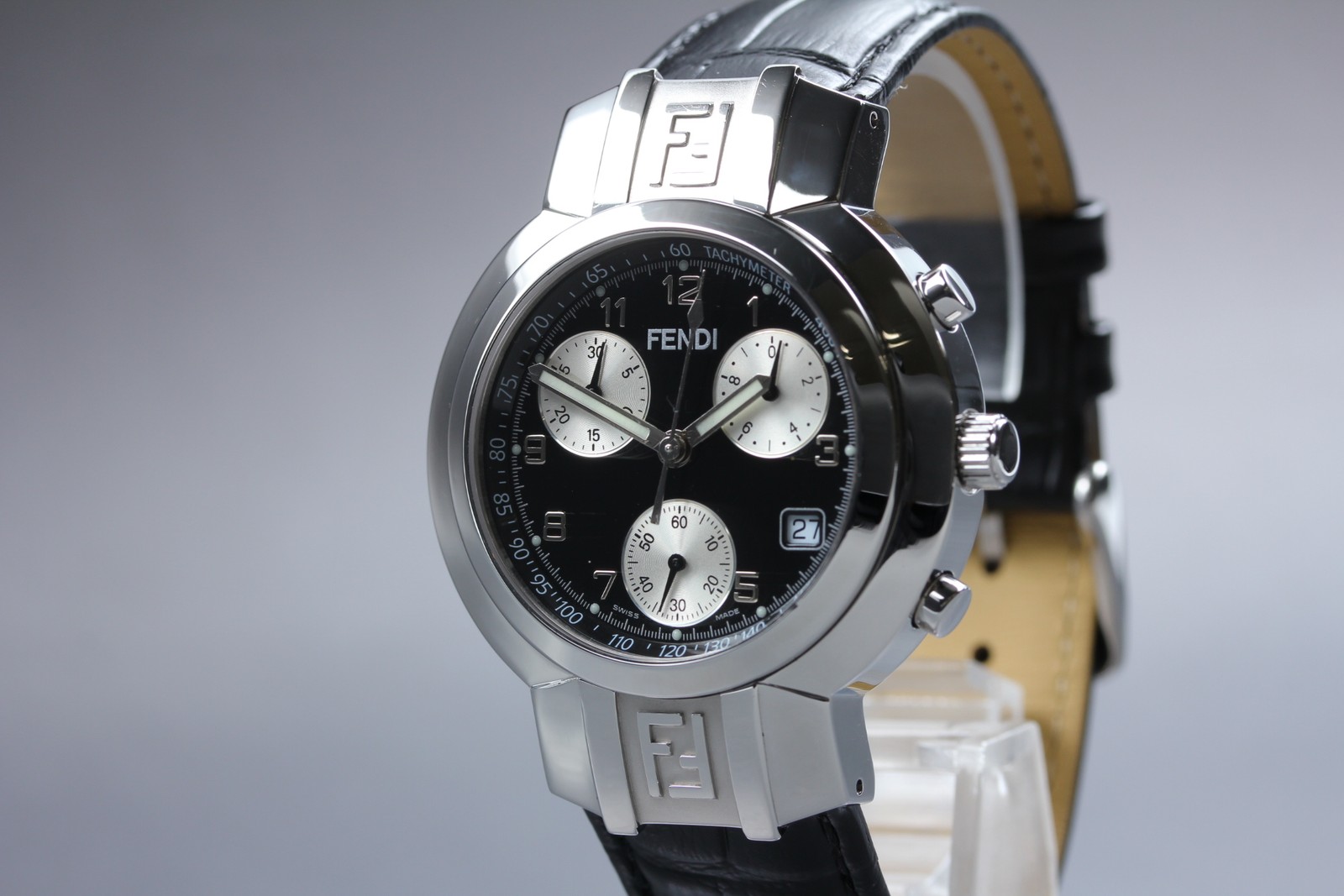 Fendi Orologi 4500G Chronograph Black Dial Qz Men’s Watch New Strap [Near MINT]