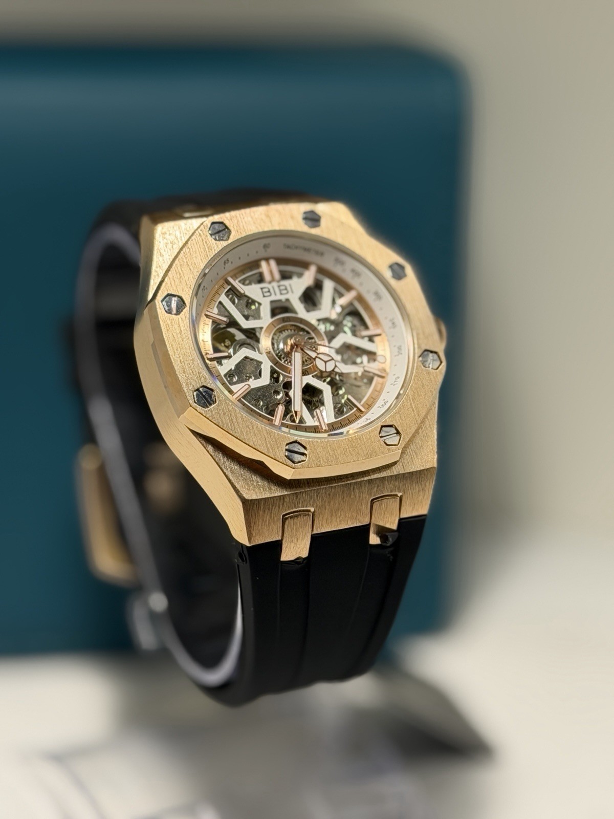 BIBI Skeleton Automatic Watch Rose Gold Black Silicone Strap 41.5mm! SLEEK! NEW!