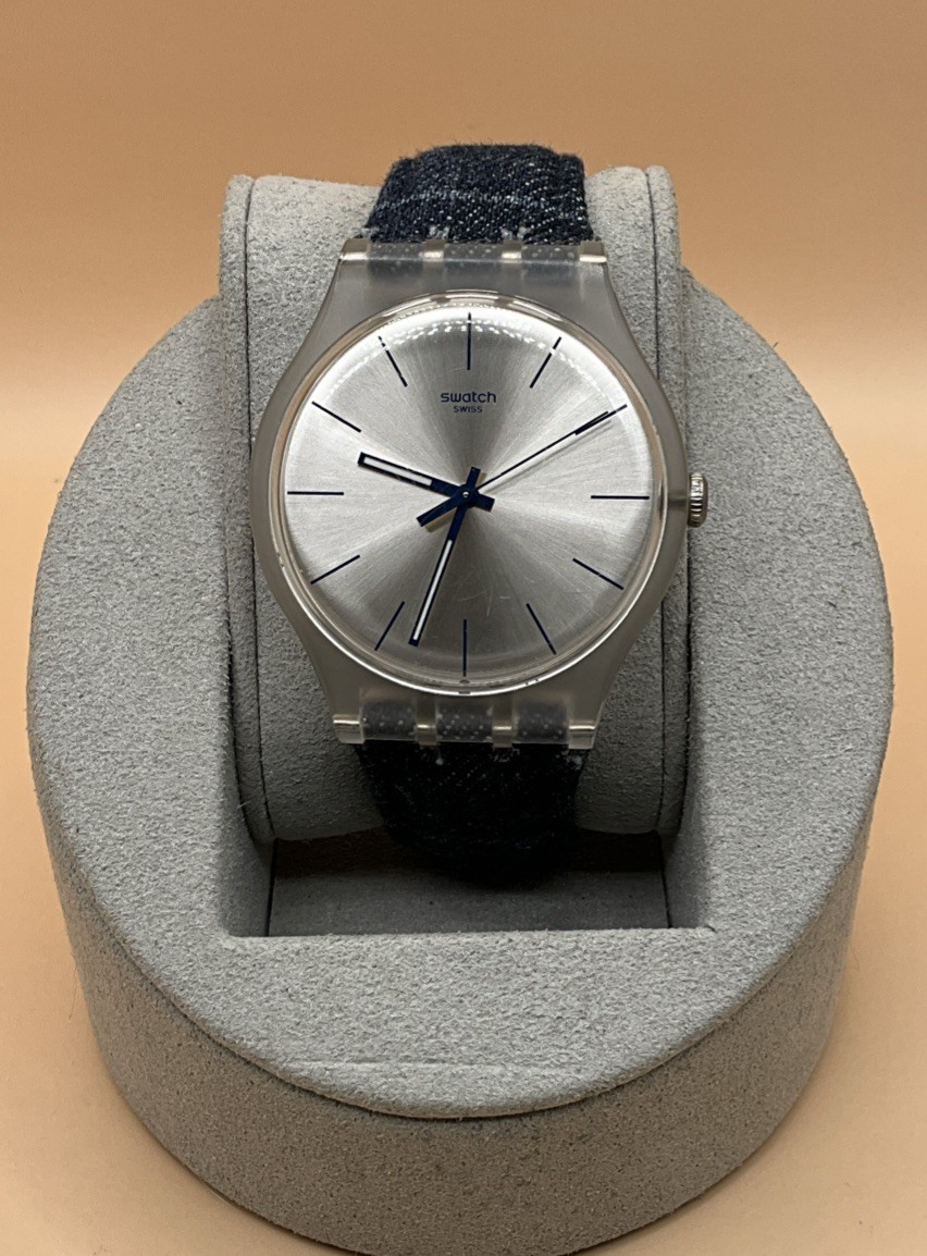 Swatch AG-2012 Clear Case Silver Dial with Denim/Leather Band – New Battery