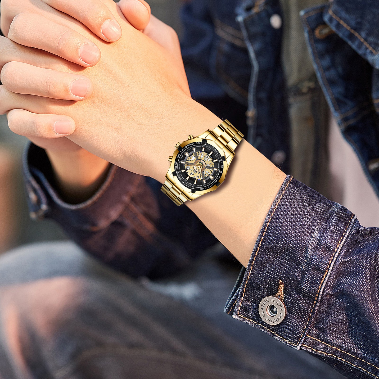 Men’s Waterproof Skeleton Stainless Steel Watch Luxury Quartz Wrist Watch
