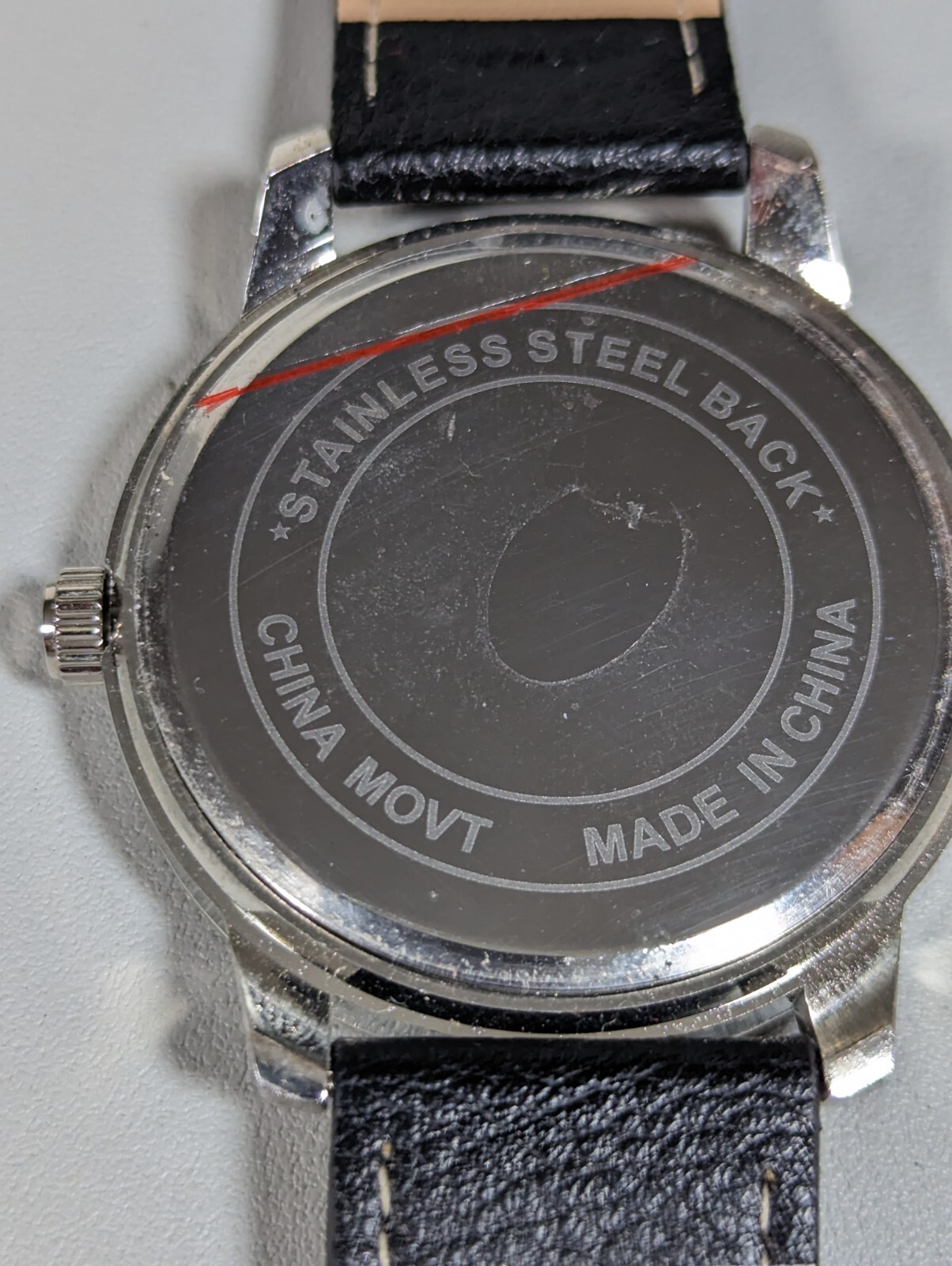 Black Dial Round Silver Tone Case Black Faux Leather Band Watch