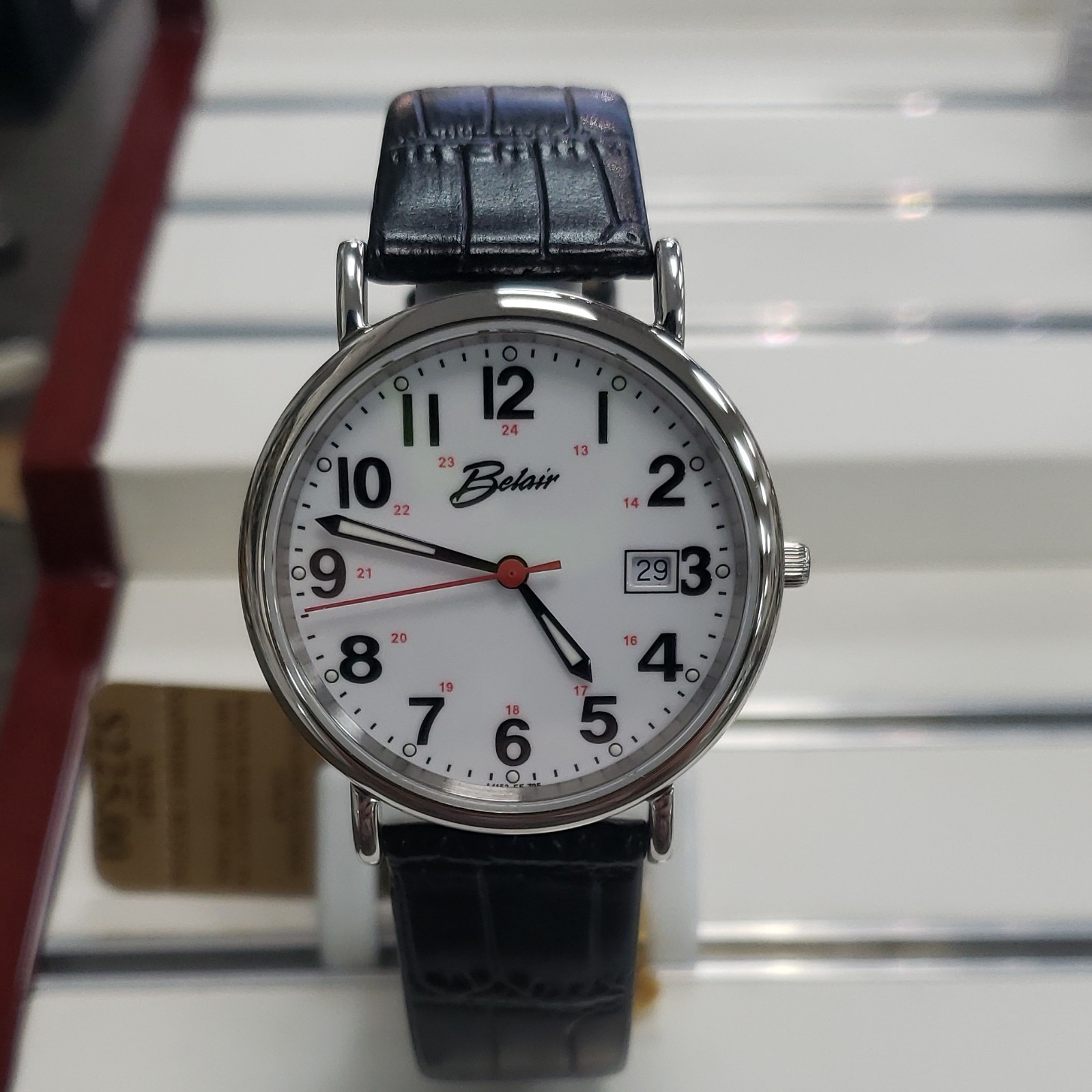 Belair Quartz Analog Wristwatch White Dial Arabic Date Black Leather Strap