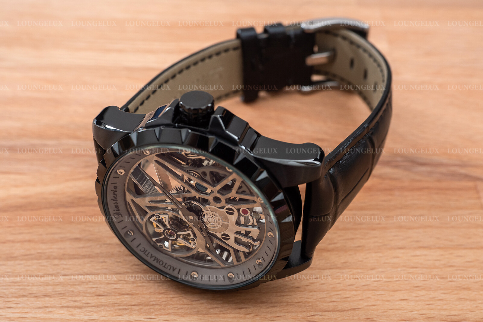 Mens Skeleton Automatic Mechanical Watch – Black Grey Dial Black Leather Strap
