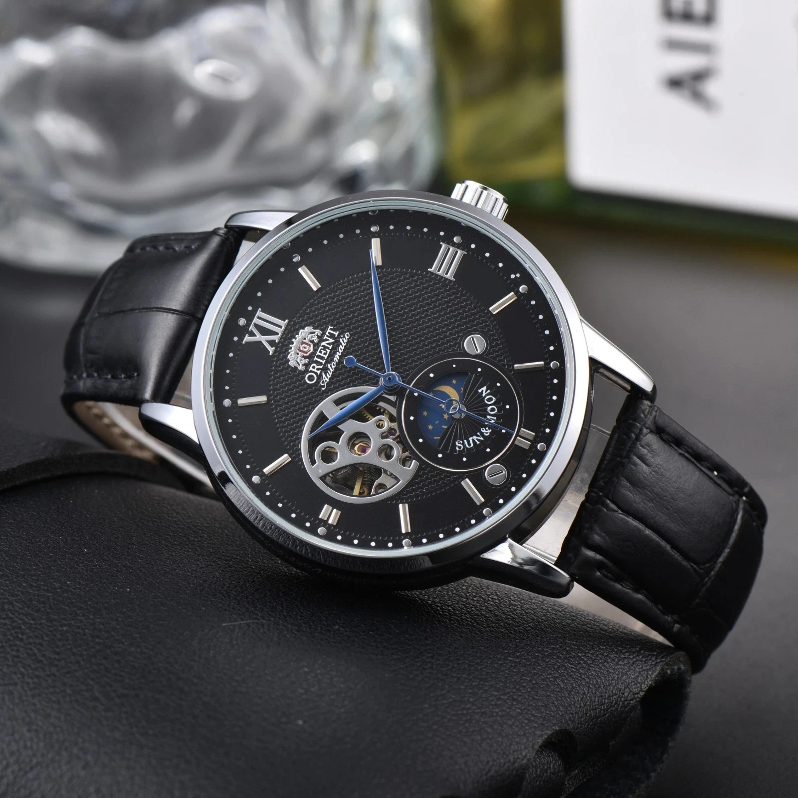 Orient Sun & Moon Semi Skeleton Automatic Watch Men’s Leather Strap Luxury Gift