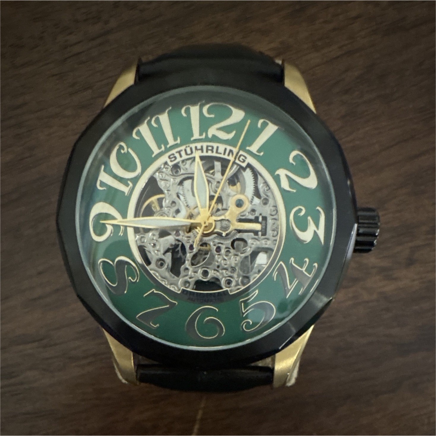 Stührling Original Men’s Skeleton Automatic Watch Green Dial Black Leather Strap