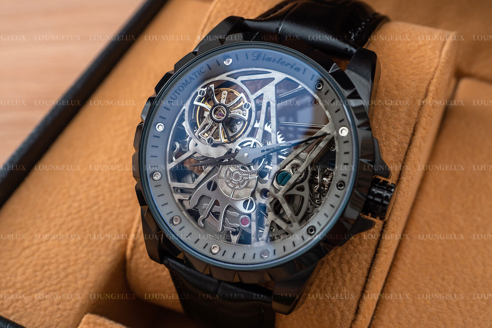 Mens Skeleton Automatic Mechanical Watch – Black Grey Dial Black Leather Strap