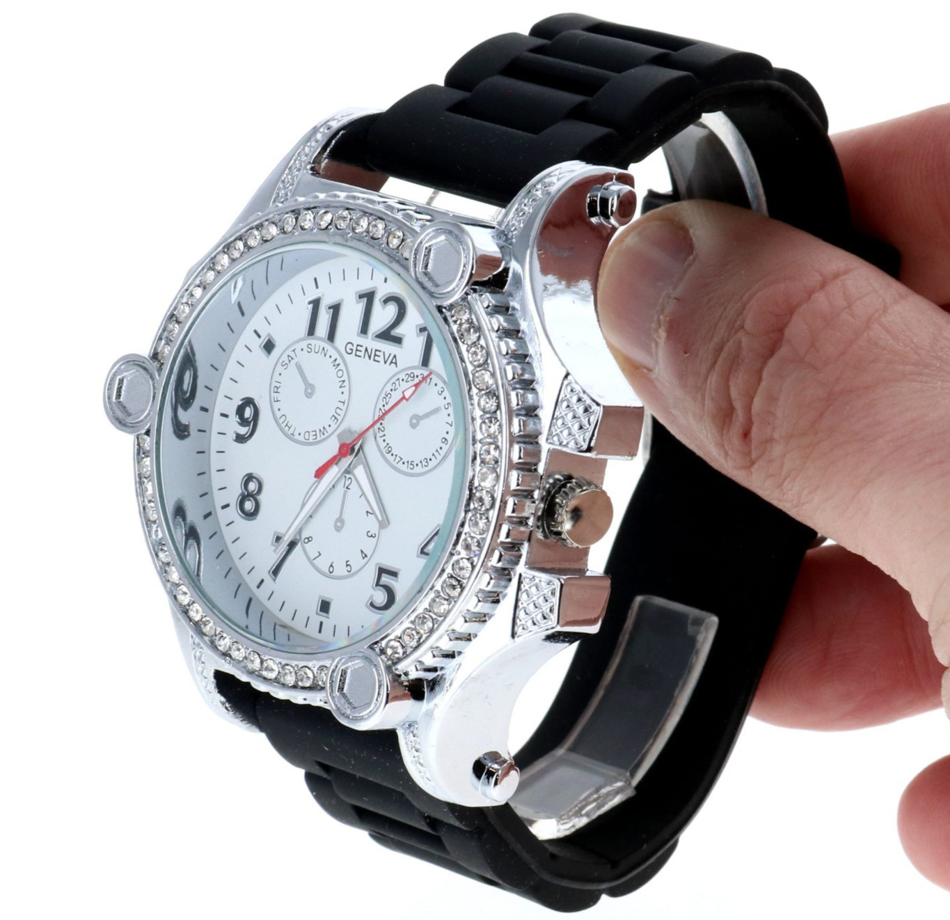 Heavy Men’s Iced Luxury Bezel Hip Hop Silver Tone Bezel Black Silicone Band 54mm