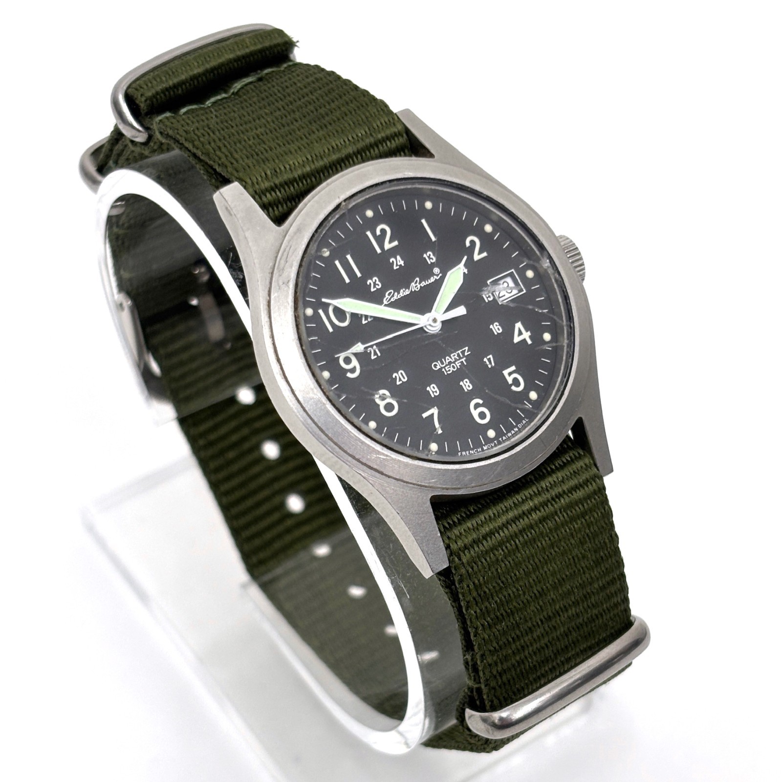 Vintage 90s Eddie Bauer French Quartz Military Field Watch 34mm Date New Battery