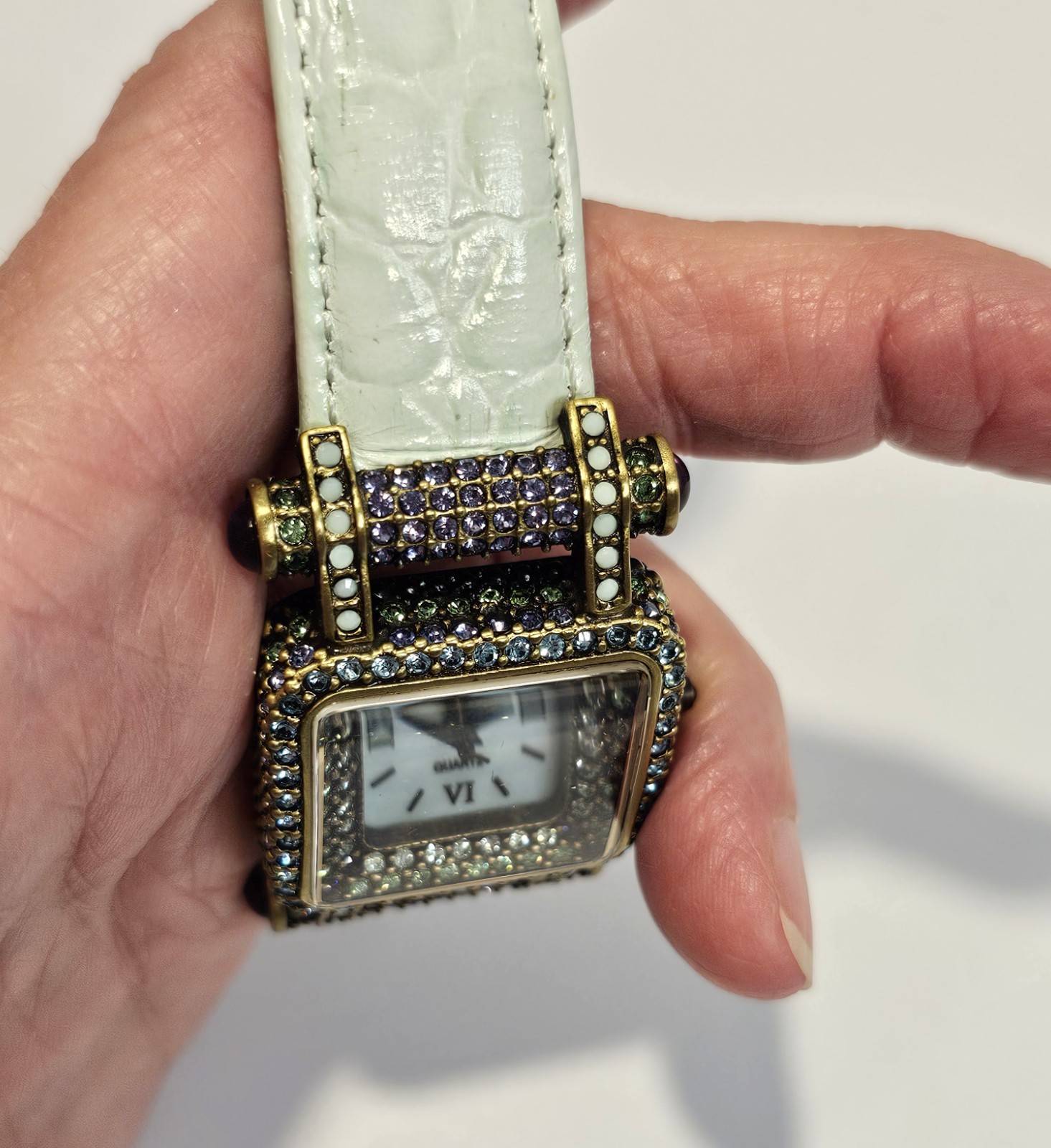 Heidi Daus Watch multicolor crystal green leather band