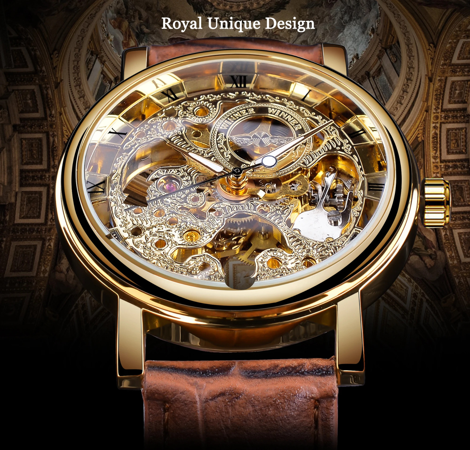 WINNER Mechanical Luxury Leather Elegant Skeleton Automatic Men’s Watch