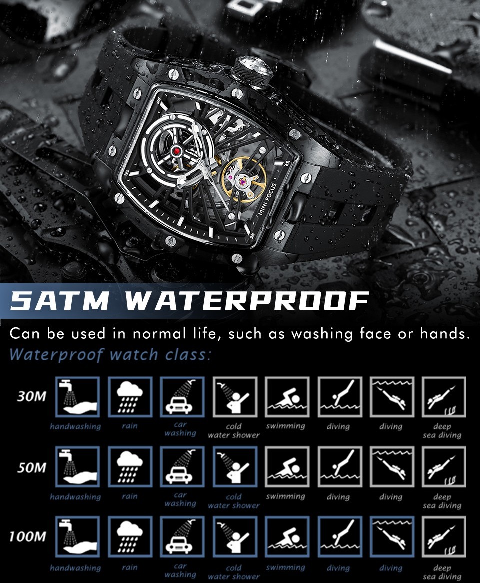 MINI FOCUS Men’s Tonneau Skeleton Flywheel Silicone Automatic Mechanical Watch