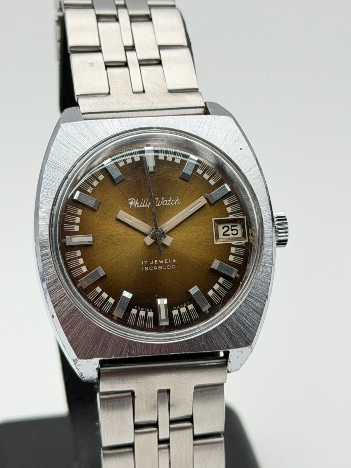 Vintage 1970s Philip Watch Swiss Automatic Diver Style Brown Dial Cushion Case