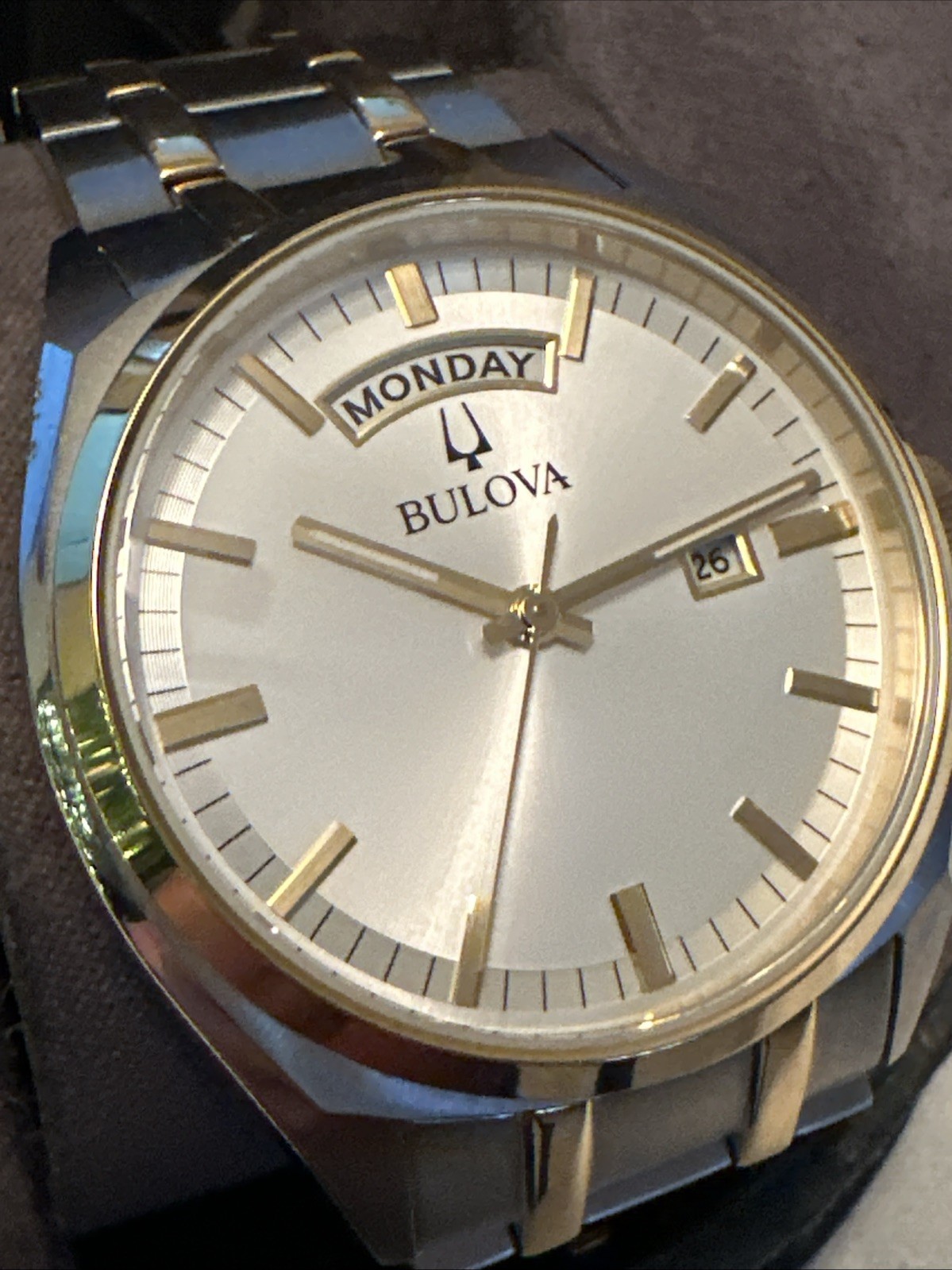 Bulova Men’s Surveyor Day Date Indicator Silver Gold Quartz Watch 39MM 98C127