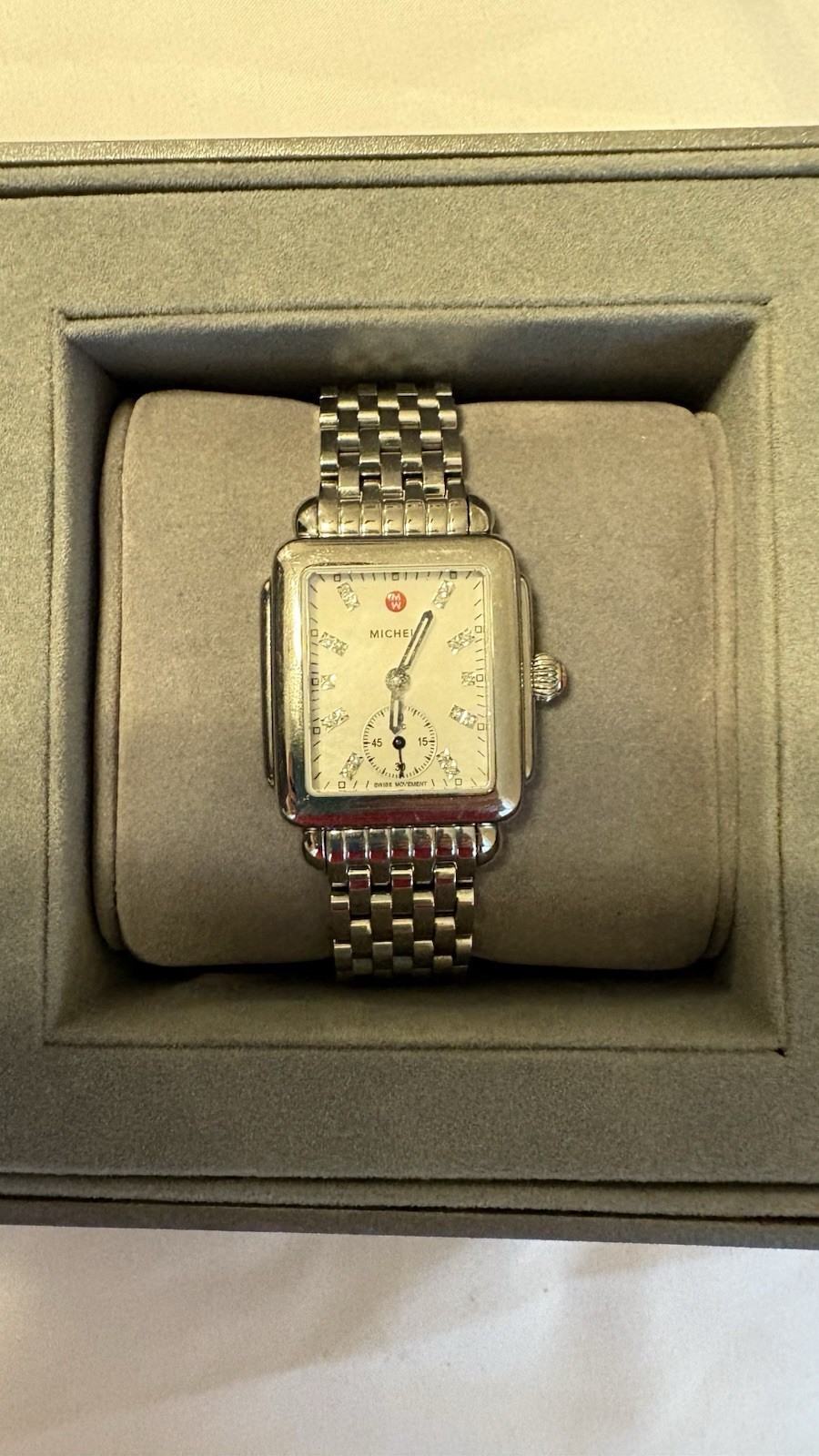MICHELE Deco 33mm Rectangle Diamond Marker Quartz Silver SS Bracelet Box