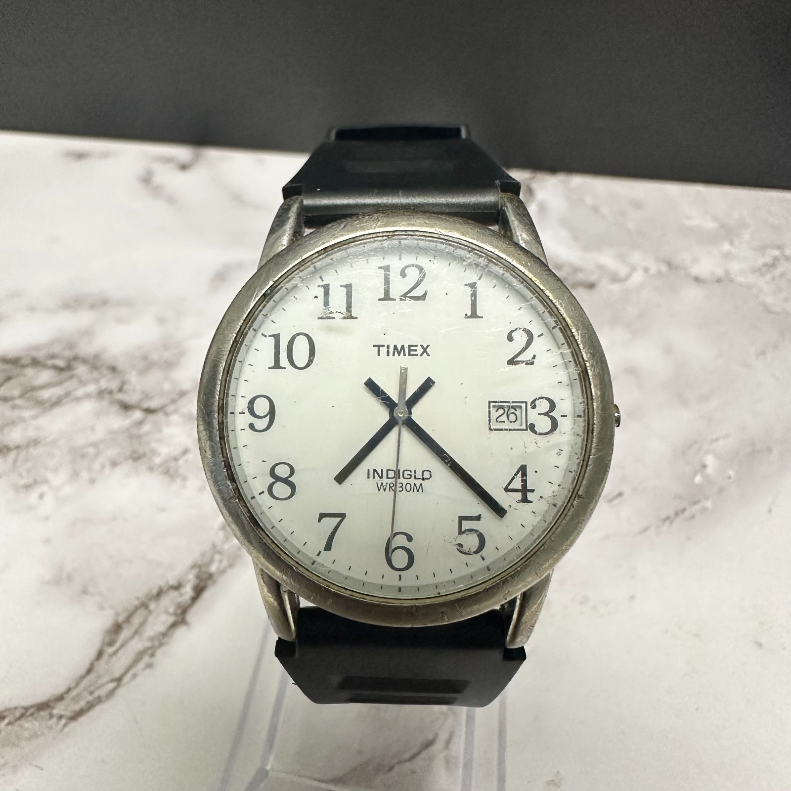 Timex Easy Reader Watch Men Silver Tone MISSING CROWN TOP Working 9.5″