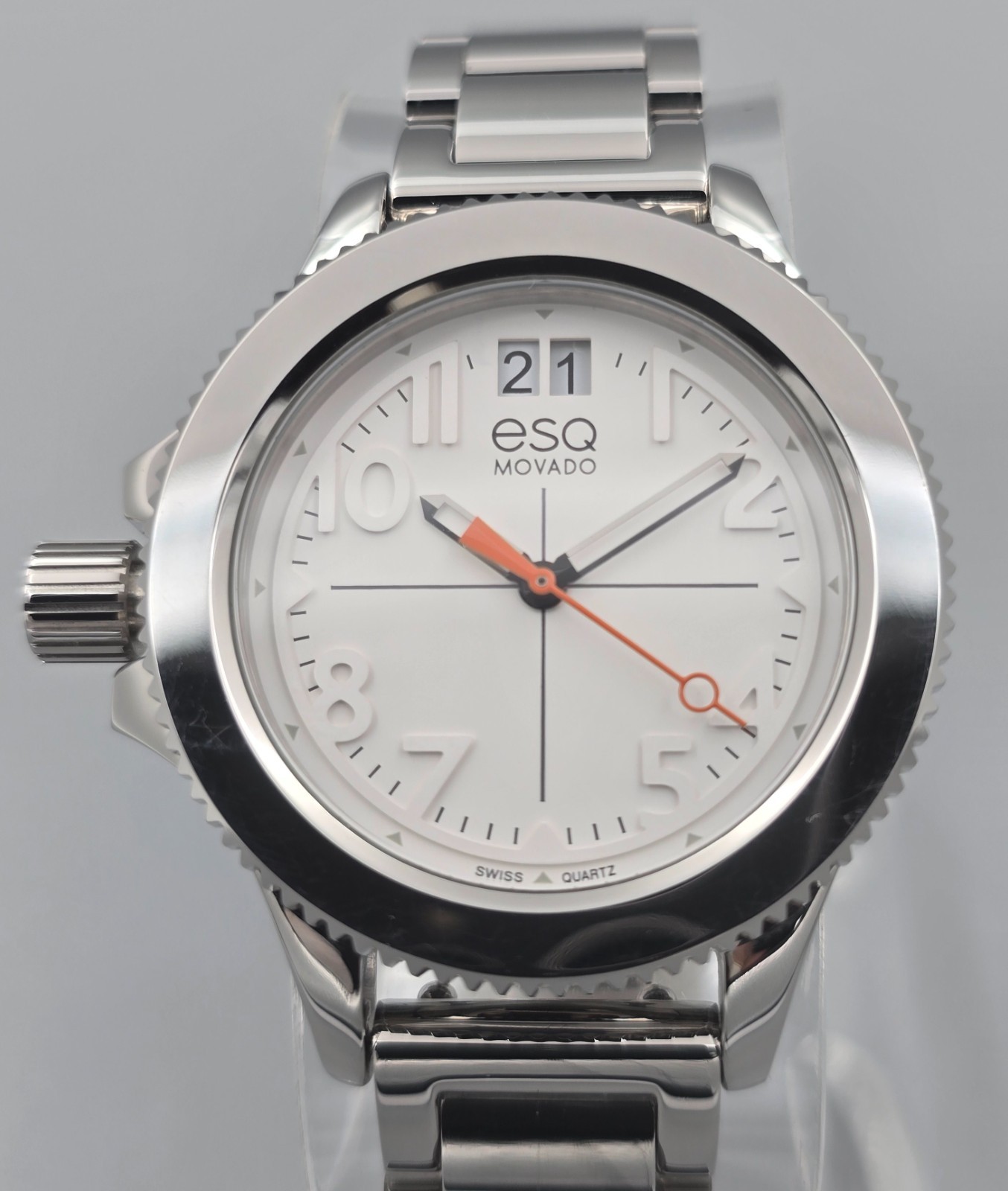 ESQ Movado Fusion Left-Hand Crown Swiss Quartz White Dial Extra Strap New