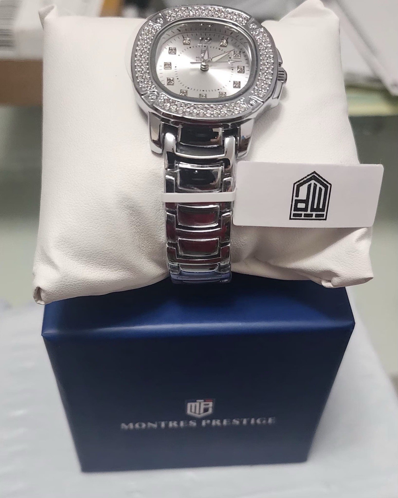 Montres Prestige Gem-Set Silver Cushion Dress Wristwatch with Gemstone Markers